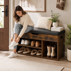 Rustic Brown Shoe Storage Bench with Lift Top Seat, Hallway Organizer
