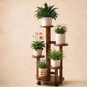 May include: A multi-tiered wooden plant stand with a dark stained finish and rolling casters. The stand features six circular platforms holding various potted plants, including green foliage, white daisies, pink gerbera daisies, and lavender.
