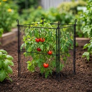 May include: A black metal square tomato cage with a hexagonal wire mesh pattern surrounding a green tomato plant. The plant features several small, round, bright red tomatoes and green leaves, supported by the vertical frame structure.