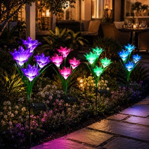 4 Pack Solar Lily Flower Lights, 7 Color Changing Garden Pathway Decor (IP65 Waterproof)