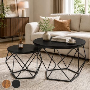May include: A set of two round black coffee tables with geometric metal wire bases. The larger table holds a white ribbed vase with greenery, two stacked books, and a white ceramic cup on a saucer. A small glass reed diffuser sits on the smaller table.