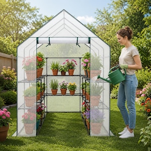 May include: A walk-in greenhouse with a white translucent cover and a black metal frame, featuring multiple interior shelves filled with various potted plants. The structure has a peaked roof and a roll-up front door panel for plant access.