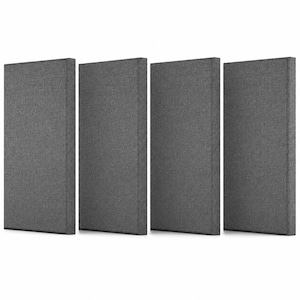 May include: Four rectangular acoustic panels arranged in a row. Each panel features a dark gray fabric covering with a visible woven texture. The panels have clean, straight edges and a flat, uniform surface, designed for sound absorption.