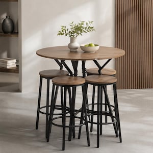 May include: A round wooden table with a dark brown finish and a black metal frame, accompanied by four matching stools with round wooden seats and black metal legs. A white ceramic vase with green foliage sits on the table surface.