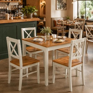 May include: A square dining table with a natural wood top and white frame, accompanied by four matching chairs featuring white cross-back designs and natural wood seats. The table is set with four white plates, each containing food, and a glass vase.