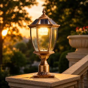 May include: A bronze-toned outdoor post light with a hexagonal glass lantern and a pointed finial top. The fixture features integrated solar panels on the roof, a central glowing light bulb, and a sturdy base designed for mounting on a flat surface.
