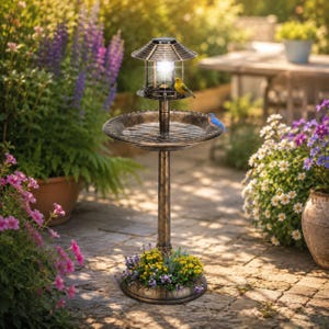 May include: A bronze-colored bird bath featuring a central pedestal, a wide basin, and a solar-powered lantern at the top. Two small decorative birds, one yellow and one blue, are perched on the lantern structure. The base is surrounded by yellow and purple flowers.