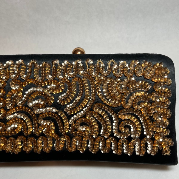 Vintage Lefaye Clutch Purse Sequin Gold & Black Evening Formal Handbag