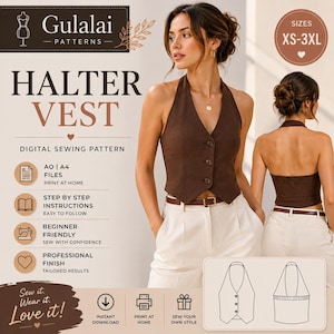 Puede incluir: Un patrón de costura digital para un chaleco halter marrón de Gulalai Patterns. La imagen muestra el chaleco desde el frente y la espalda, con tres botones, escote en V y espalda abierta. Incluye texto para tallas XS-3XL y detalles de impresión.