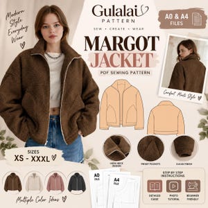 Könnte beinhalten: Eine braune Fleecejacke mit hohem Kragen und Reißverschluss, dargestellt in einem PDF-Schnittmuster namens Margot Jacket von Gulalai Pattern. Das Design umfasst Vordertaschen, einen sauberen Abschluss und ist in den Größen XS bis XXXL erhältlich.