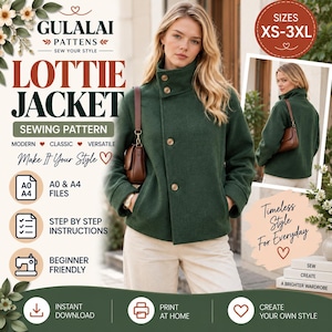 May include: A dark green jacket with a high collar and three visible buttons, featured in a sewing pattern advertisement for the Lottie Jacket by Gulalai Patterns. The design includes A0 and A4 files, step-by-step instructions, and is beginner friendly, available in sizes XS-3XL.