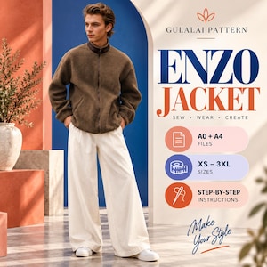 Puede incluir: Un patrón de costura para la chaqueta Enzo de Gulalai Pattern. La imagen muestra una chaqueta de forro polar marrón con cremallera y cuello alto, y pantalones blancos de pierna ancha. El texto incluye archivos A0 + A4, tallas XS - 3XL e instrucciones.