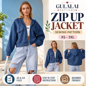 May include: A blue zip-up jacket sewing pattern by Gulalai Patterns. The design features a hood, long sleeves, and two chest pockets. The graphic includes text reading ZIP UP JACKET SEWING PATTERN XS - 3XL, A0 & A4 FILES, and STEP BY STEP INSTRUCTIONS.
