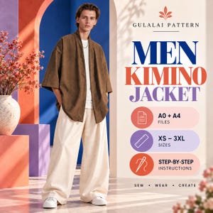 May include: A brown open-front jacket worn over a white t-shirt and cream wide-leg trousers. Text on the right reads GULALAI PATTERN, MEN KIMINO JACKET, A0 + A4 FILES, XS - 3XL SIZES, STEP-BY-STEP INSTRUCTIONS, and SEW - WEAR - CREATE.