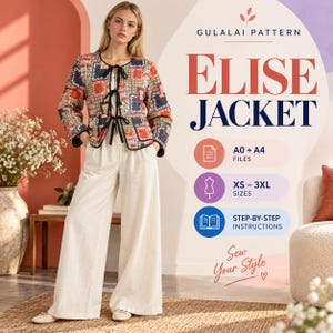 Puede incluir: Un patrón de costura para la chaqueta Elise de Gulalai Pattern, con una chaqueta acolchada de diseño patchwork en rojo, azul y verde, combinada con pantalones color crema de pierna ancha. Incluye archivos A0 y A4, tallas XS a 3XL e instrucciones.