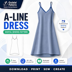 May include: A blue A-line dress digital sewing pattern by Gulalai Patterns. The image features a blue dress with spaghetti straps, a technical line drawing, and text including A-LINE DRESS, Professional Sewing Pattern, and Download Print Sew Create.