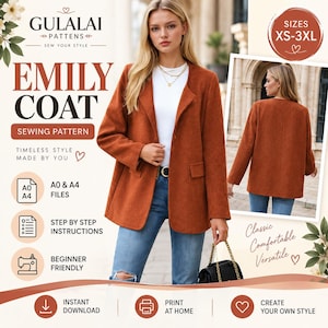 Może przedstawiać: Wykrój krawiecki płaszcza Emily marki Gulalai Patterns, przedstawiający kurtkę w kolorze rdzawym z długimi rękawami, bez kołnierza i z przednimi kieszeniami. Grafika zawiera tekst, ikony plików A0 i A4, instrukcje oraz zakres rozmiarów XS-3XL.