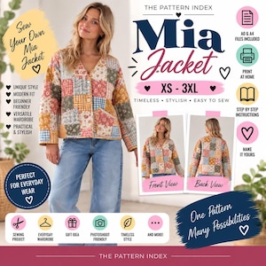 May include: A sewing pattern for the Mia Jacket by The Pattern Index, featuring a V-neck, long sleeves, and two front pockets. The jacket is made from a multi-coloured patchwork fabric with floral and gingham patterns. Includes sizes XS to 3XL.