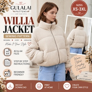 Peut inclure: Une veste matelassée beige avec un col montant et une fermeture éclair frontale. Le patron de couture inclut le texte : GULALAI PATTENS WILLIA JACKET SEWING PATTERN, SIZES XS-3XL, A0 & A4 FILES, STEP BY STEP INSTRUCTIONS, BEGINNER FRIENDLY, INSTANT DOWNLOAD.