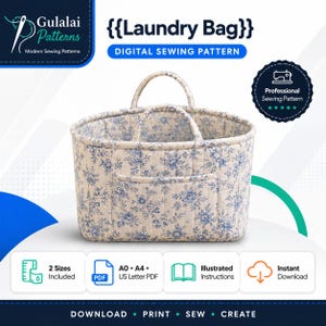 May include: A digital sewing pattern for a laundry bag by Gulalai Patterns. The image features a quilted laundry bag with a blue floral print on a cream background, two handles, and a front pocket. Text includes {{Laundry Bag}} and Professional Sewing Pattern.