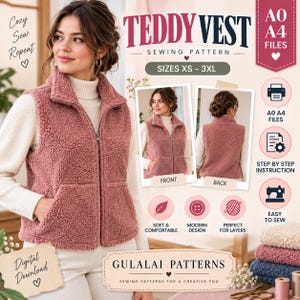 Könnte beinhalten: Ein digitales Schnittmuster für eine Teddy-Weste mit Text wie Teddy Vest, Sizes XS-3XL, A0 A4 Files und Gulalai Patterns. Das Bild zeigt eine altrosa Fleece-Weste mit Stehkragen, Frontreißverschluss und zwei aufgesetzten Taschen.