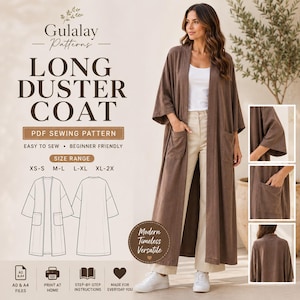 Könnte beinhalten: Ein Schnittmuster für einen braunen langen Duster-Mantel von Gulalay Patterns. Das Design umfasst eine offene Vorderseite, weite Ärmel und zwei aufgesetzte Taschen. Das PDF enthält Größen von XS-S bis XL-2X sowie A0- und A4-Druckformate.