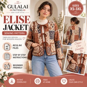 Può includere: Un cartamodello per la giacca Elise di Gulalai Patterns, caratterizzato da un design patchwork con stampe floreali e geometriche in marrone, crema e blu navy. La giacca ha maniche lunghe, due tasche frontali e tre chiusure a fiocco.