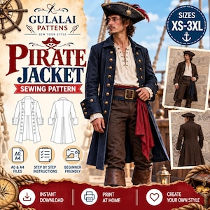 May include: A sewing pattern for a pirate jacket featuring a dark blue long coat with gold buttons, a white lace-up shirt, brown trousers, and a red sash. The image includes technical line drawings, text labels, and two inset photos of the finished garment.