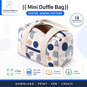 May include: A mini duffle bag digital sewing pattern by Gulalai Patterns featuring a white fabric with a navy blue and tan geometric print of circles, arches, and lines. The bag has beige webbing handles and a navy blue zippered front pocket.
