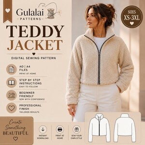 Puede incluir: Un patrón de costura digital para una chaqueta teddy de color crema de Gulalai Patterns. La imagen muestra la chaqueta, texto que incluye 'TEDDY JACKET', 'SIZES XS-3XL' y 'DIGITAL SEWING PATTERN', junto con iconos de impresión, instrucciones y un dibujo lineal.