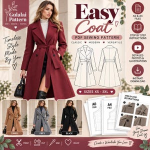 May include: A digital PDF sewing pattern for an Easy Coat, featuring a long, belted design with lapels. The image displays the coat in burgundy, camel, grey, and black, alongside technical line drawings, A0 and A4 file icons, and step-by-step instructions for sizes XS to 3XL.