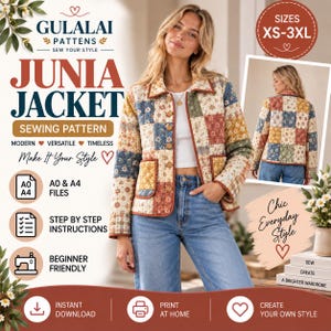 May include: A Junia Jacket sewing pattern by Gulalai Patterns featuring a quilted patchwork design with floral motifs in shades of blue, yellow, and green. The jacket has a collar, front buttons, and two pockets. Includes A0 and A4 file options.