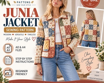 Könnte beinhalten: Ein Junia Jacket Schnittmuster von Gulalai Patterns mit einem gesteppten Patchwork-Design mit Blumenmotiven in Blau-, Gelb- und Grüntönen. Die Jacke hat einen Kragen, Knöpfe auf der Vorderseite und zwei Taschen. Enthält A0- und A4-Dateien.