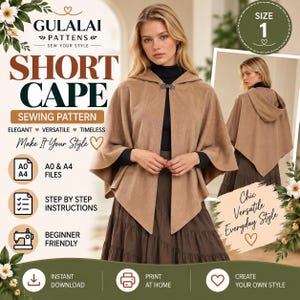 Könnte beinhalten: Ein Schnittmuster für ein kurzes Cape mit Kapuze, das den Text GULALAI PATTENS SHORT CAPE SEWING PATTERN enthält. Das Design umfasst einen Metallverschluss vorne, eine beigefarbene Stoffausführung sowie A0- und A4-Dateiformate.