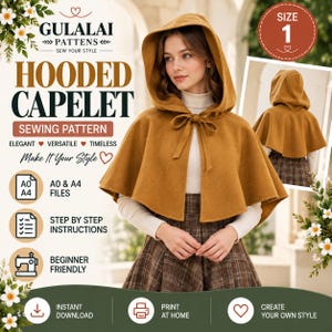 Capelet Sewing Pattern PDF | Hooded Capelet Pattern | Shoulder Cape Pattern | Costume Cape Pattern | Beginner Sewing Pattern