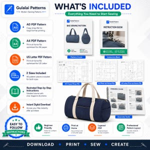 Può includere: Un set di cartamodelli digitali per una borsa a cilindro di Gulalai Patterns. Include file PDF A0, A4 e US Letter, un libretto di istruzioni con foto e una guida all'assemblaggio. Presenta una borsa blu navy con manici color crema.