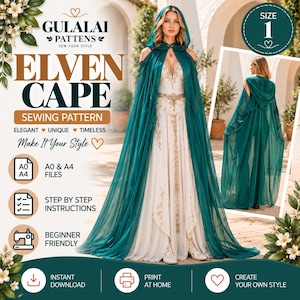 May include: A digital sewing pattern for an elven cape by Gulalai Patterns. The image displays a floor-length, sheer dark green hooded cape worn over a white gown with gold embroidery. Includes text for A0 and A4 files, step-by-step instructions, and beginner-friendly features for instant download.