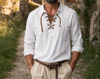 Medieval Viking Linen Shirt Men Pirate Renaissance Boho Lace-Up Festival LARP Cosplay Summer Top