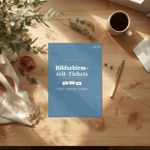 Könnte beinhalten: Eine blaue rechteckige Karte mit dem weißen Text "Bildschirm-zeit-Tickets" mittig auf der Vorderseite. Unter dem Haupttitel befinden sich drei kleine weiße Symbole, gefolgt von drei pillenförmigen Schaltflächen mit Textbeschriftungen.