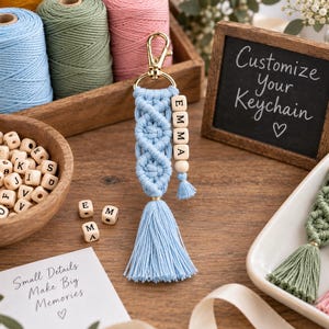 Personalized Name Macrame Keychain, Custom Color Keyring, Boho Bag Charm, Bridesmaid Gift, Bridal Shower and Wedding Party Favor