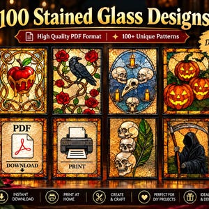 Può includere: Una collezione digitale intitolata 100 Stained Glass Designs con vari motivi tra cui una mela che cola, un corvo con rose, teschi, zucche e il tristo mietitore. Include icone per il download in PDF e la stampa per uso domestico.