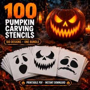 Pode incluir: Uma pilha de folhas de papel branco com estênceis de escultura de abóbora impressos em preto com várias expressões faciais. O texto 100 PUMPKIN CARVING STENCILS 100 DESIGNS ONE BUNDLE e PRINTABLE PDF INSTANT DOWNLOAD é visível.