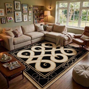 The Aethelred Knotwork Rug | Hand-Tufted Handmade Wool Rug | Black and Beige Design | Art Deco Geometric Area Rug for Living Room Decor
