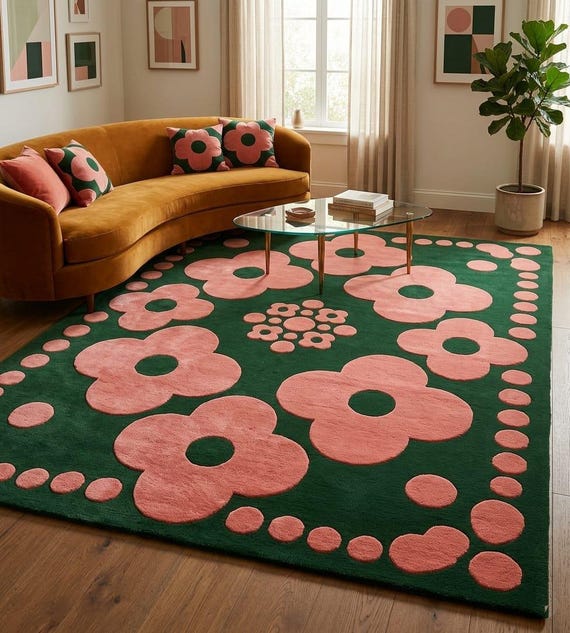 The "Blossom Noir" Retro Hand-Tufted Rug-Emerald Green Pastel Pink Floral Area Rug Mid Century Modern Wool Rug Cute Aesthetic Bedroom Decor