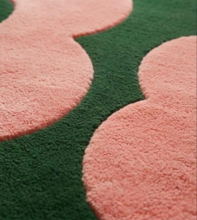 The "Blossom Noir" Retro Hand-Tufted Rug-Emerald Green Pastel Pink Floral Area Rug Mid Century Modern Wool Rug Cute Aesthetic Bedroom Decor image 5