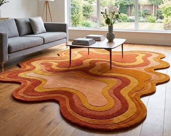 Hand Tufted Wool Rug, Retro Wavy Area Rug, Irregular Shaped Rug, Mid Century Modern Rug, 70s Aesthetic Sunset Orange Terracotta Rug