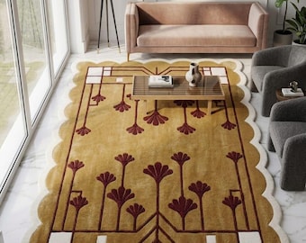 Gilded Ginkgo Art Deco Rug, Hand Tufted Wool Rug, Botanical Area Rug, Scalloped Edge Carpet, Luxury Living Room Decor