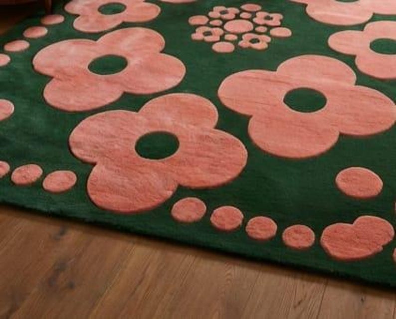 The "Blossom Noir" Retro Hand-Tufted Rug-Emerald Green Pastel Pink Floral Area Rug Mid Century Modern Wool Rug Cute Aesthetic Bedroom Decor image 4
