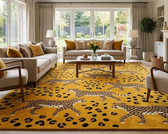 Hand Tufted Leopard Rug, Golden Yellow Cheetah Wool Area Rug, Animal Print Handmade Carpet, Eclectic Maximalist Living Room Rug, Large Rug