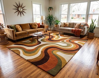 Hand-Tufted Handmade Rug, Mid Century Modern Retro Area Rug, 70s Psychedelic Swirl Living Room Carpet, Earth Tone Large Wool Rug, Custom Rug